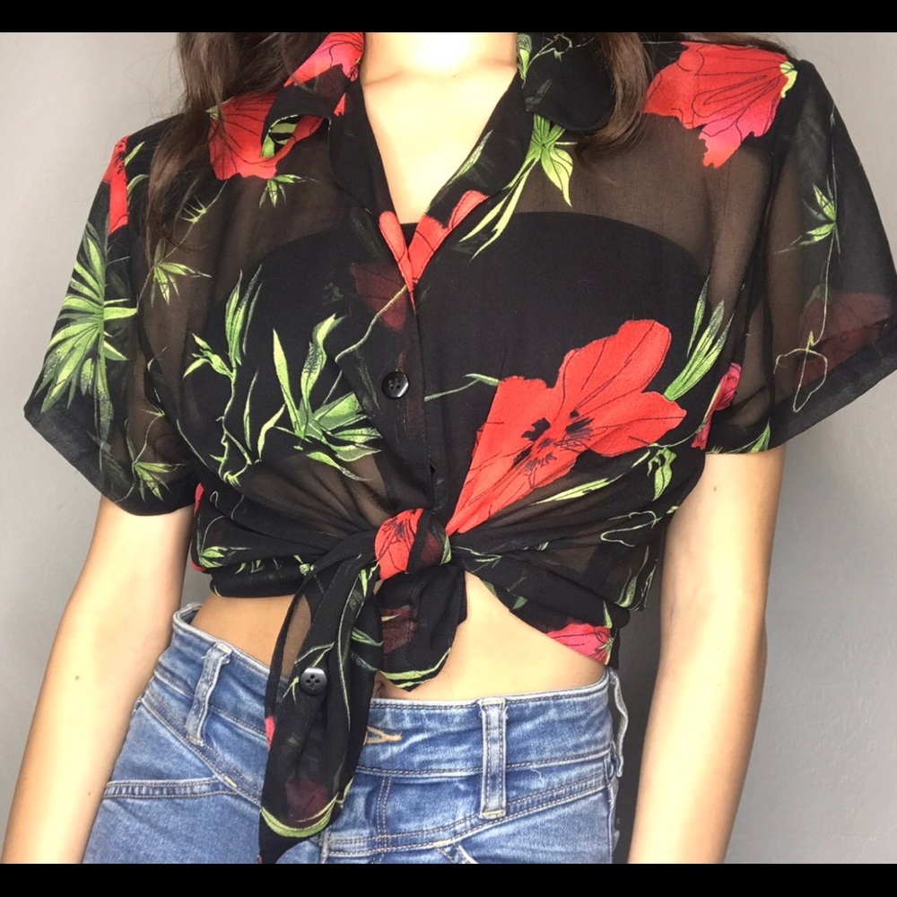 RED AND BLACK SEE THROUGH FLORAL BLOUSE